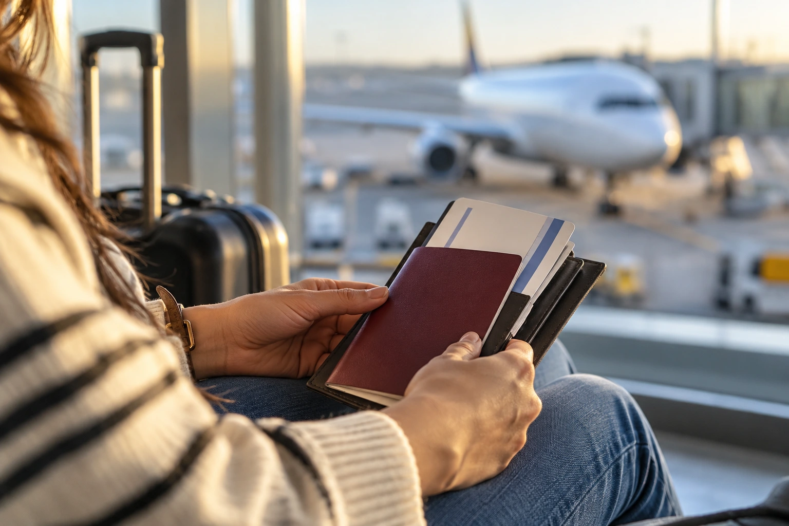 Viajera con pasaporte y pases de abordar organizados antes de su vuelo